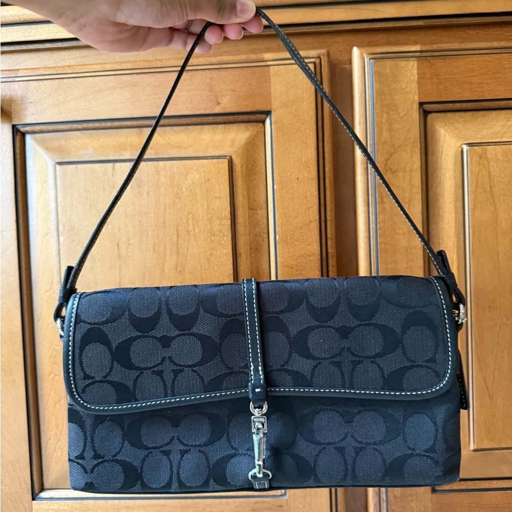 Coach Black Signature Jacquard Flap Shoulder Bag with Silver Hardware